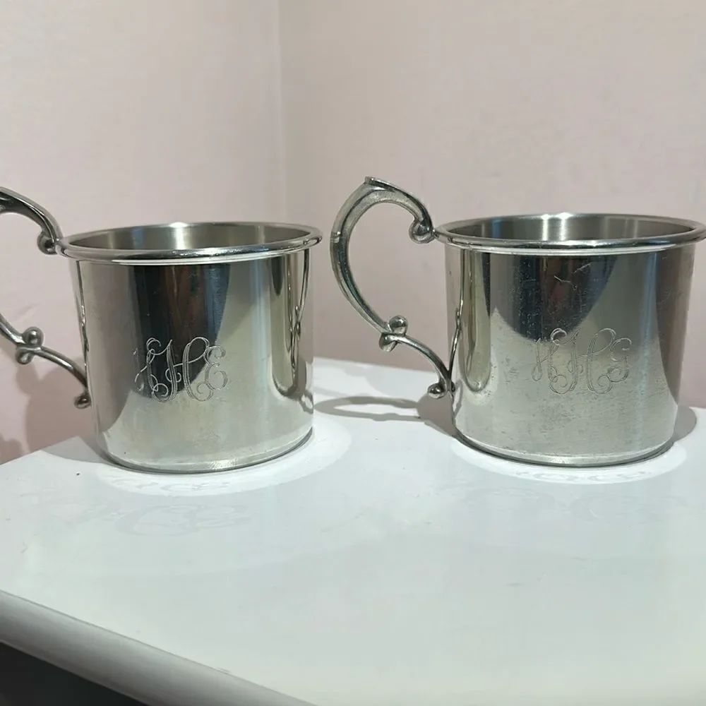 Cups Handles Pewter Small Monogrammed Set of Two